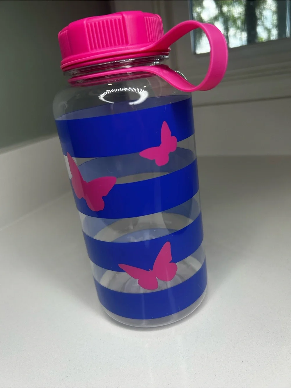 NWT Dolly Parton Pink Butterfly Water Bottle with Blue Stripes